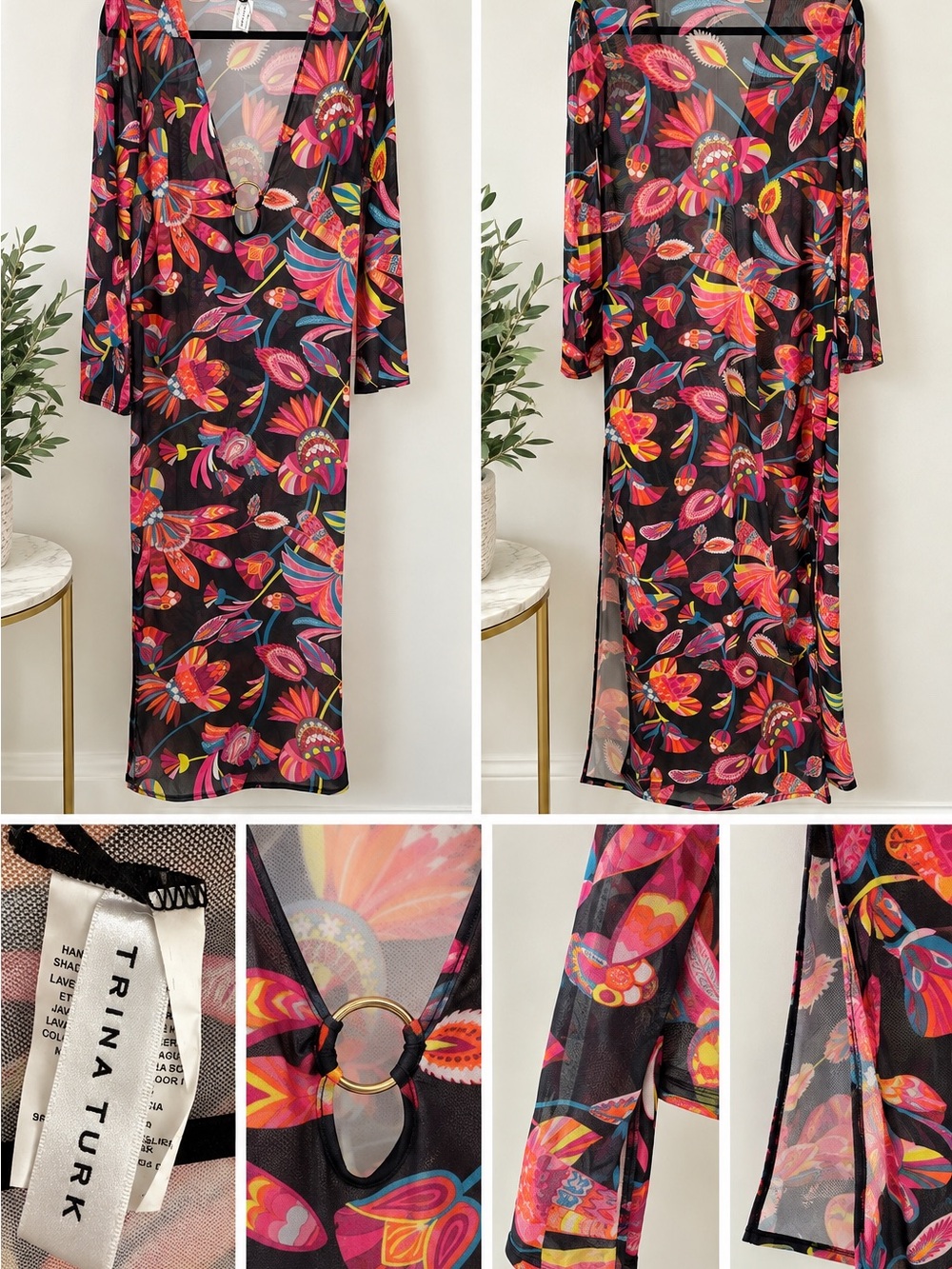 Trina Turk Black Sheer Floral Mesh Maxi Cover-Up with Pink & Orange Accents